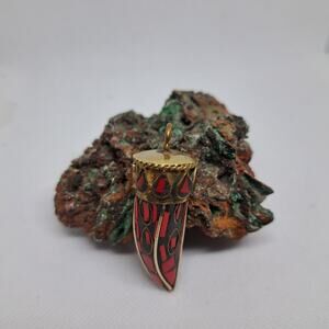 Tibetan Brass Red Coral Hand Inlayed Horn Tooth pendant 2 1/8" L x 3/4"